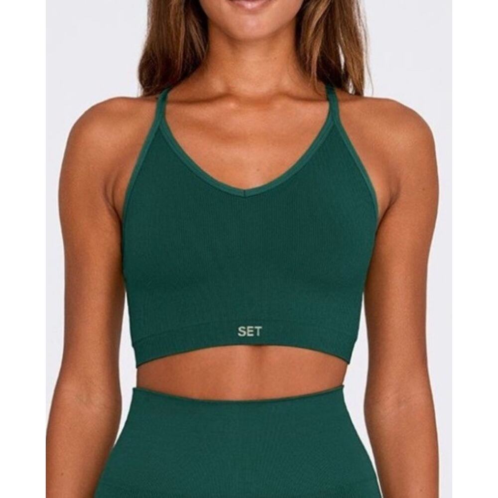Set Active Sculptflex Blue Ribbed Bra V-Neck Stretch Athleisure Yoga size‎ Small